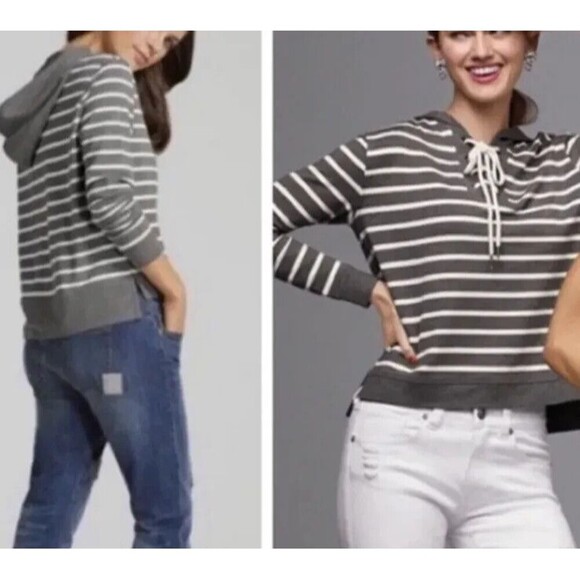 CAbi Tops - Cabi Women's Windward Striped Hooded Sweatshirt Top Gray/White # 5324 Size Small